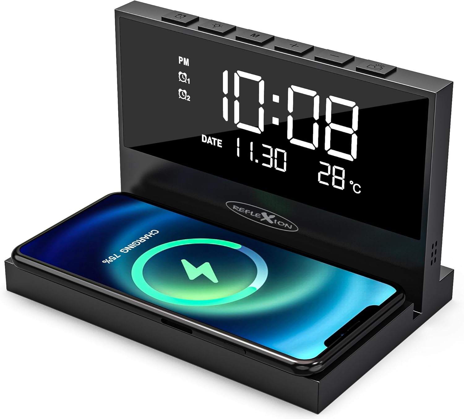 Reflexion ACW2188 Wireless Charger, Smartphone Charging Station, Alarm Clock with Wireless Charger, Large Display for Time, Date and Temperature, 2 Alarms, Night Light, USB Charging Function