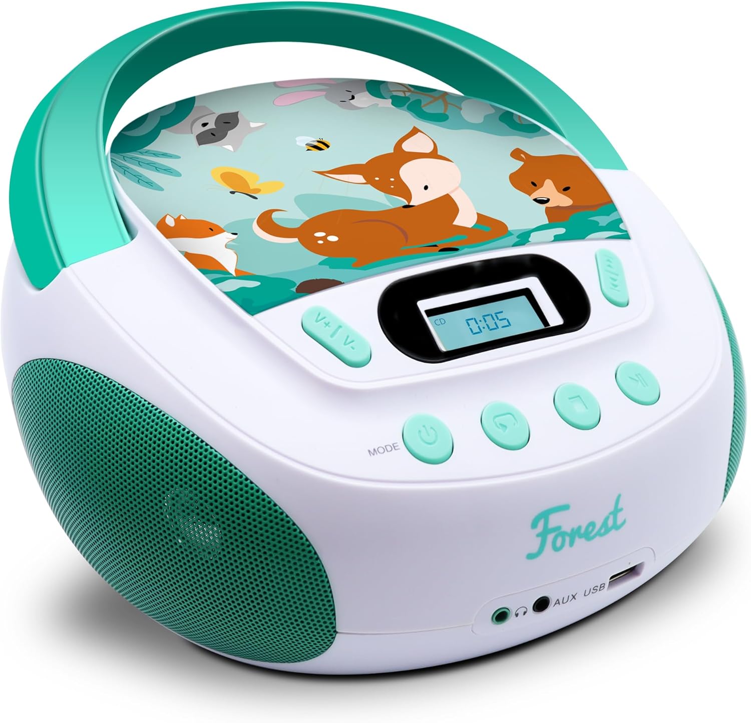 MOOOV Forest 477147 Children's CD Player MP3 and USB Port – AUX-in – Headphone Jack – Portable Station with Carry Handle – Mains or Battery Powered – Green and White