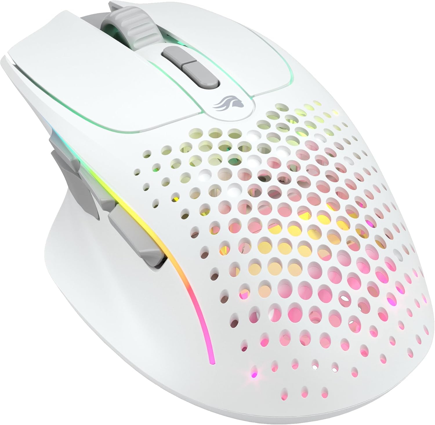 Glorious Gaming Model I 2 Wireless Souris de jeu sans fil - Hybride 2,4 GHz et Bluetooth, 75 g super légère, 9 boutons (2 échangeables), RGB, pieds PTFE, MMO/MOBA/FPS, appuie-pouce latéral - Blanc