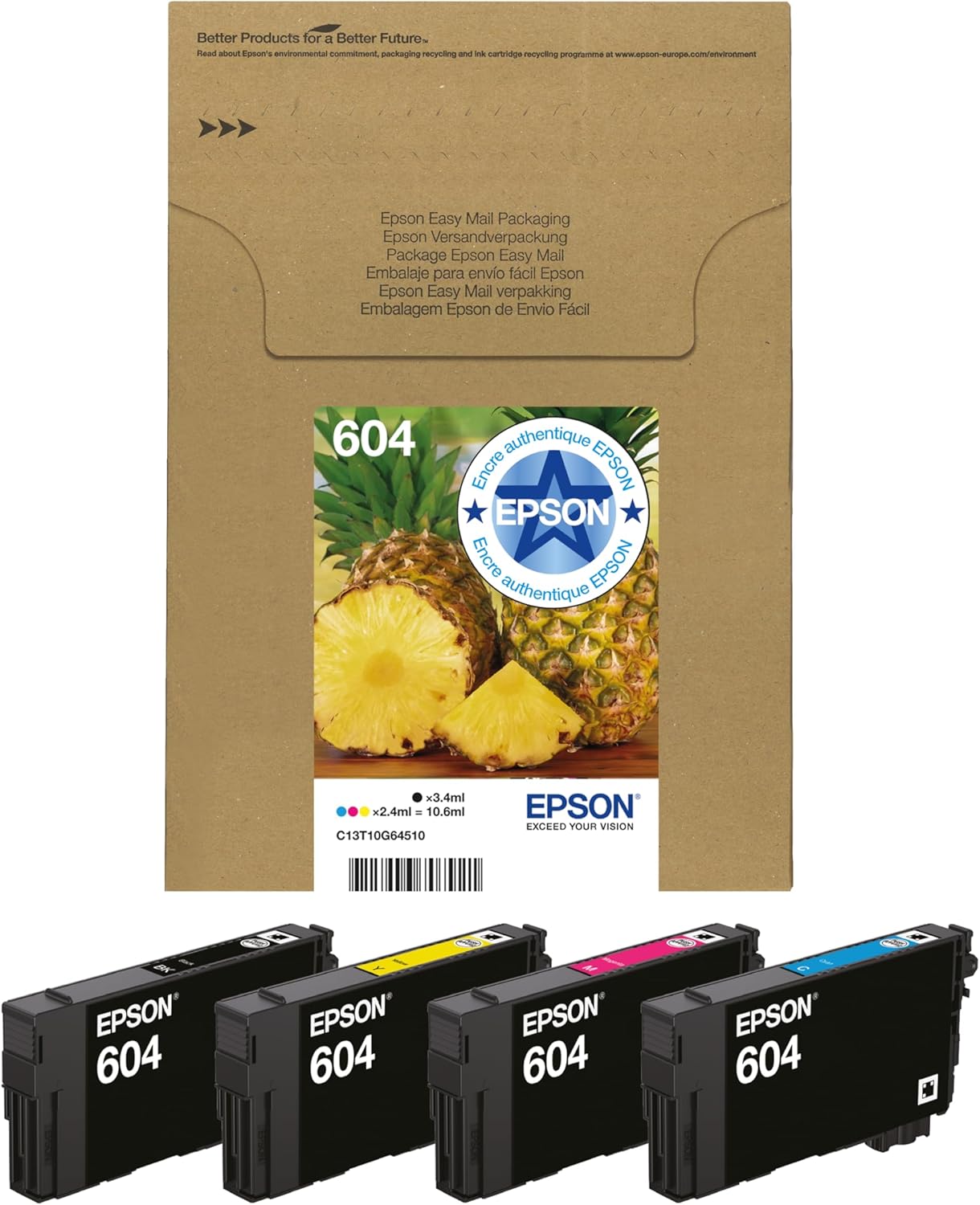 Epson 604 Pineapple, Genuine Multipack, Eco-Friendly Packaging, 4-Colours Ink Cartridges