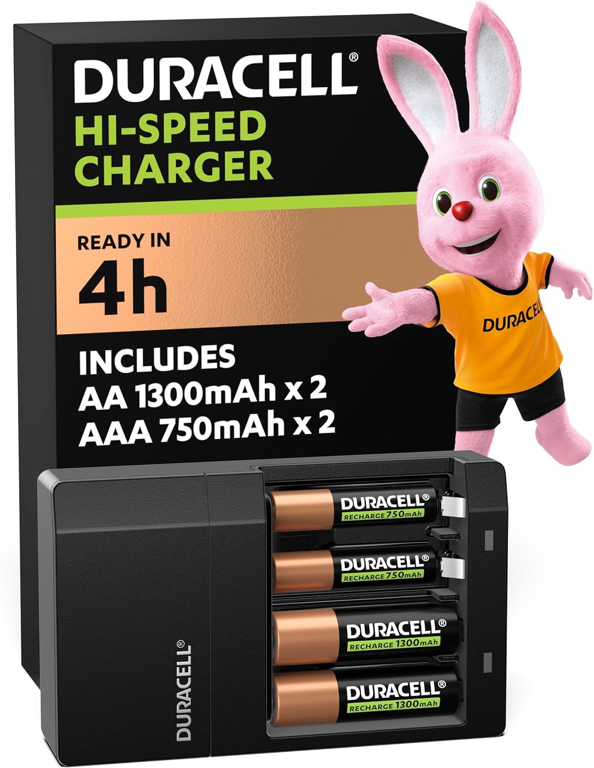 Duracell - 4-hour AA and AAA battery charger (2 x AA and 2 x AAA rechargeable batteries included)