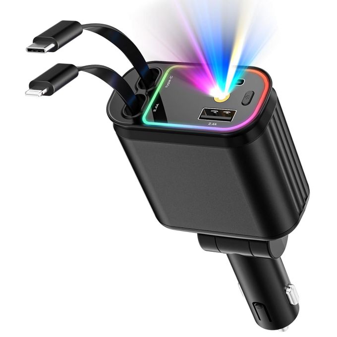 Chargeur Voiture 4en1 Rétractable avec toit Starlight - Chargeur de Voiture Rétractable 4-en-1, Charge Rapide 66W avec Effet Lumière Ambiante + Lampe de Tournage Ciel Étoilé Rouge