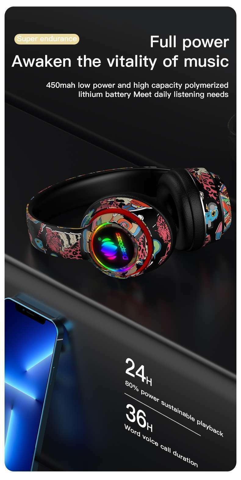 Casque R9 sans fil RGB Écouteurs Bluetooth Deepbass R9 R8