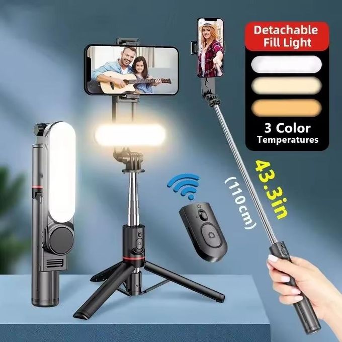 product_image_name-Generic-Perche Selfie L15 avec Trépied et Double Éclairage LED Amovible – Télécommande Bluetooth Sans Fil – Extensible 1.1 mètre – Compatible Android & iOS-1