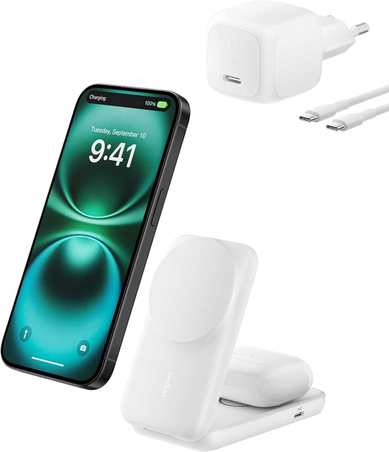 Belkin UltraCharge 25W Qi2 Induction Charger, 2 in 1 Charging Station for iPhone 17, iPhone Air, AirPods, Pixelsnap, Compatible with MagSafe with USB-C Port and 45W Adapter – White