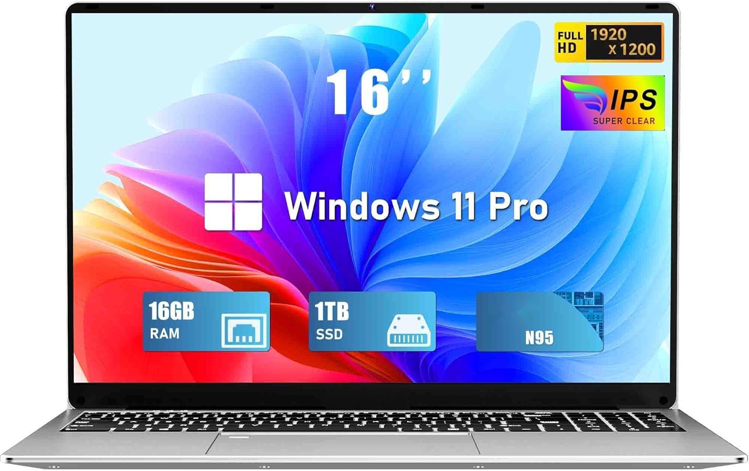 New Laptop 16 Inch Win 11 Pro 16GB RAM 1TB SSD PC Laptop Celeron N95 Up to 3.4GHz 6000mAh Battery Laptop 1920×1200 USB 3.0 BT 5.0 WiFi 5 HDMI Backlit Keyboard