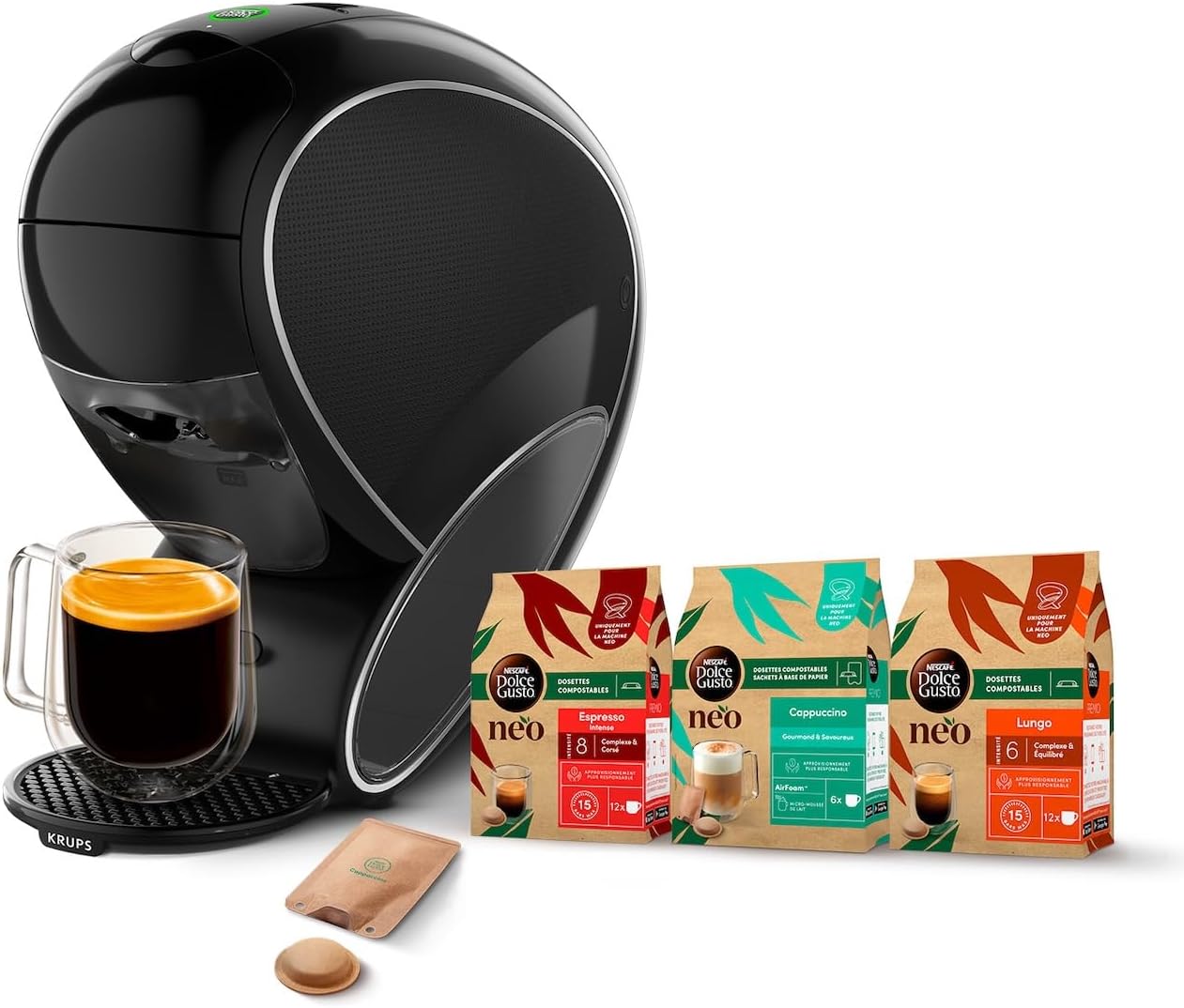 Dolce Gusto NEO Coffee Machine by Krups, Coffee Machine + 3 Boxes of Compostable Pods (Espresso, Lungo, Cappuccino), YY5242FD Smart Multi-Drink Coffee Maker