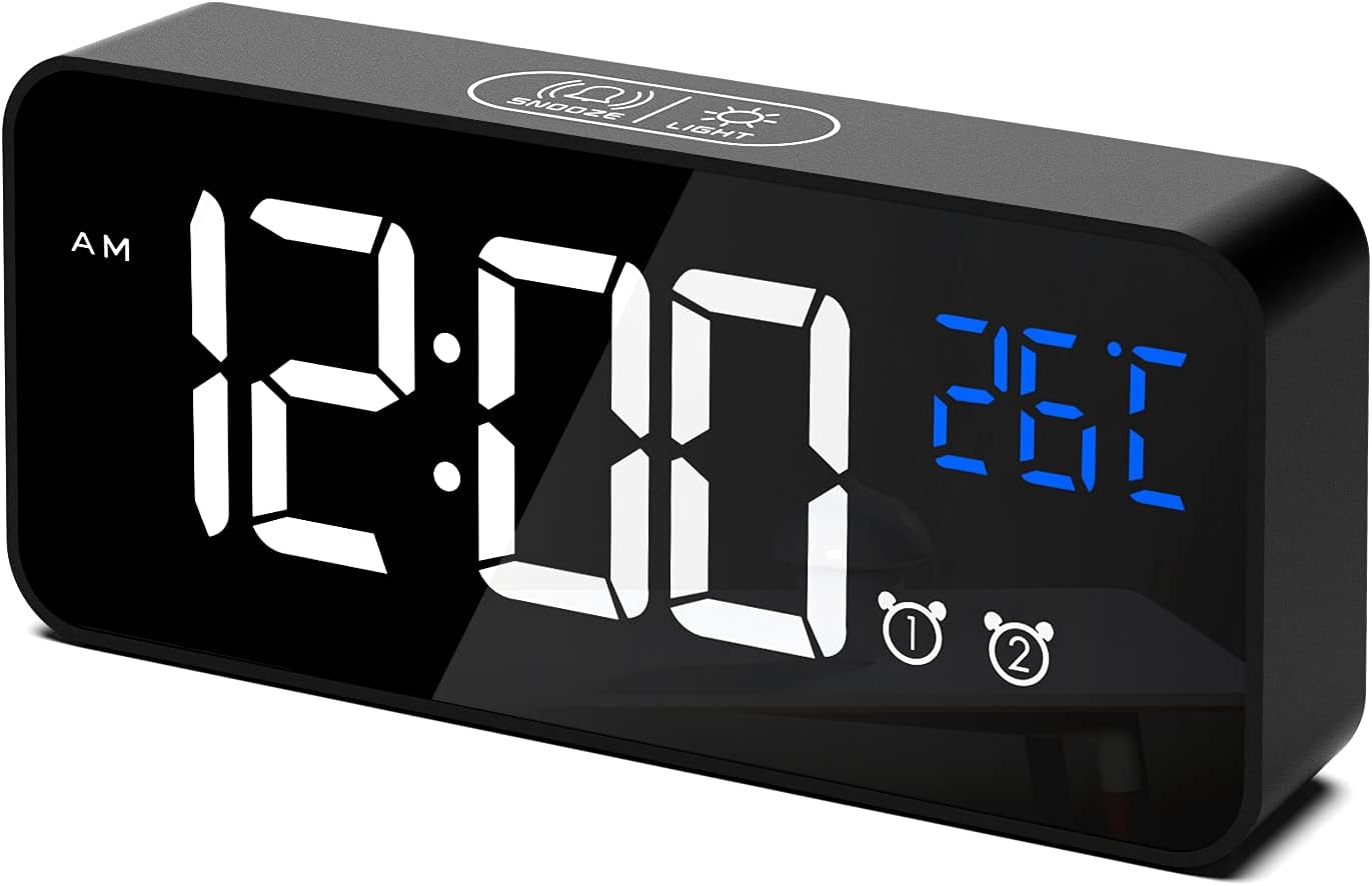 CHEREEKI Digital Alarm Clock, LED Digital Alarm Clock with Temperature/Snooze/2 Alarm/12/24 Hour/USB Charging Port/10 Music
