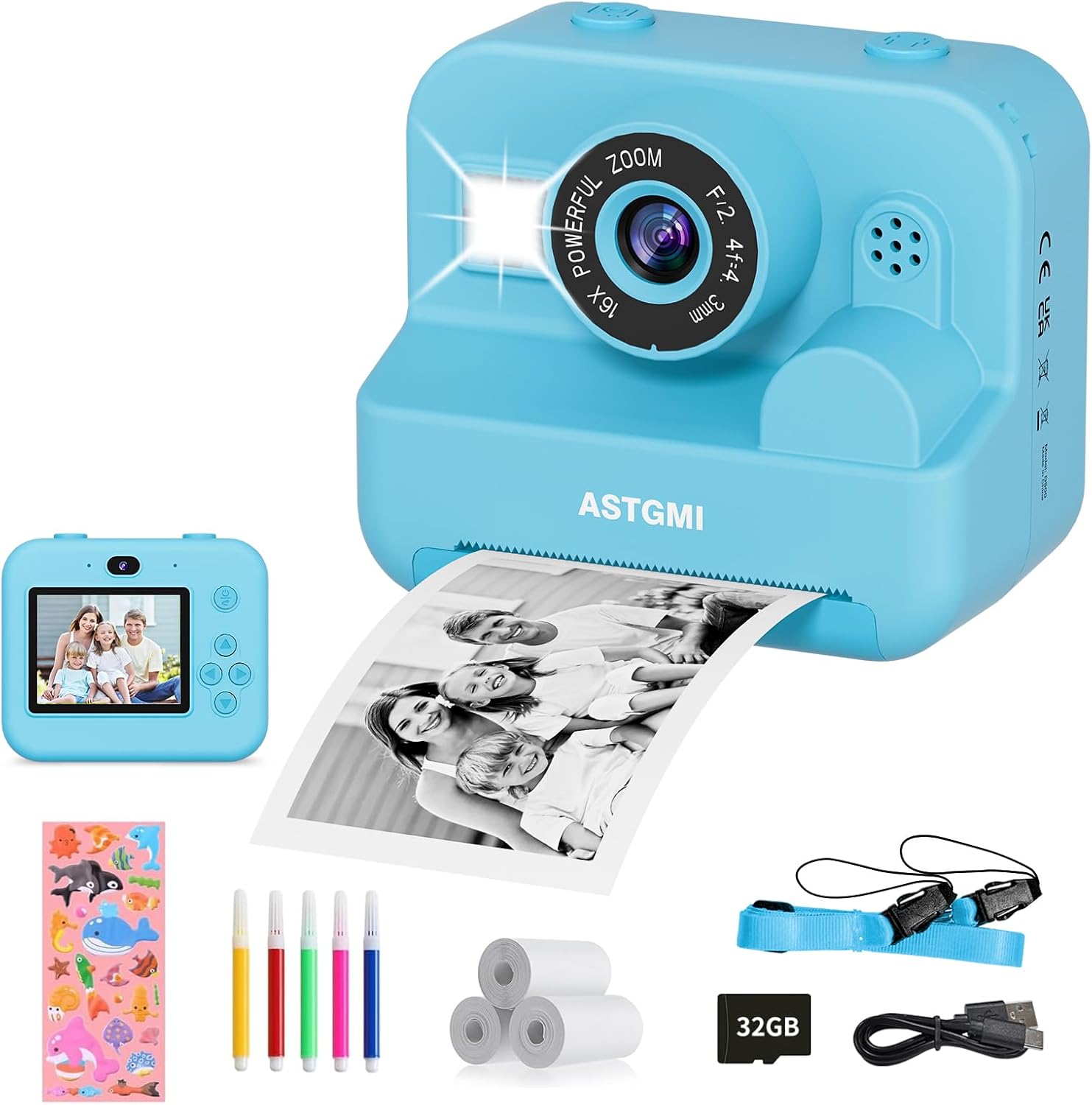 Children's Camera, Instant Camera 2.4 Inch Screen with Printing Paper and 32GB Card, Video and Selfie Mode, Gift Toy for Girls Boys Children 3-14 Years Old (Blue)