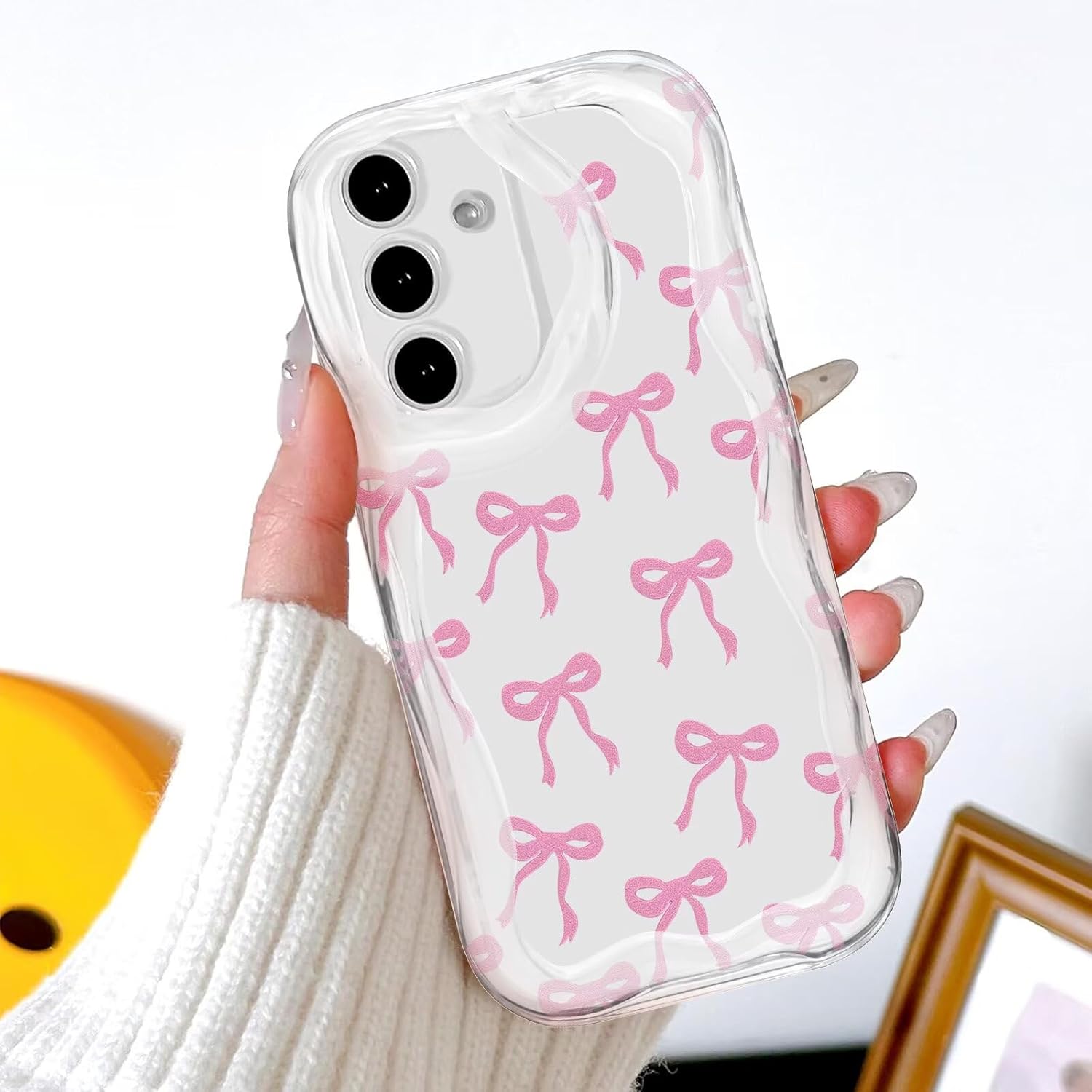 Bow Tie Case for Samsung Galaxy A15 5G/A15 4G Case, Cute Clear Curly Wave Phone Cover for Women Girls Aesthetic Transparent TPU Bumper Soft Shockproof Case Pink