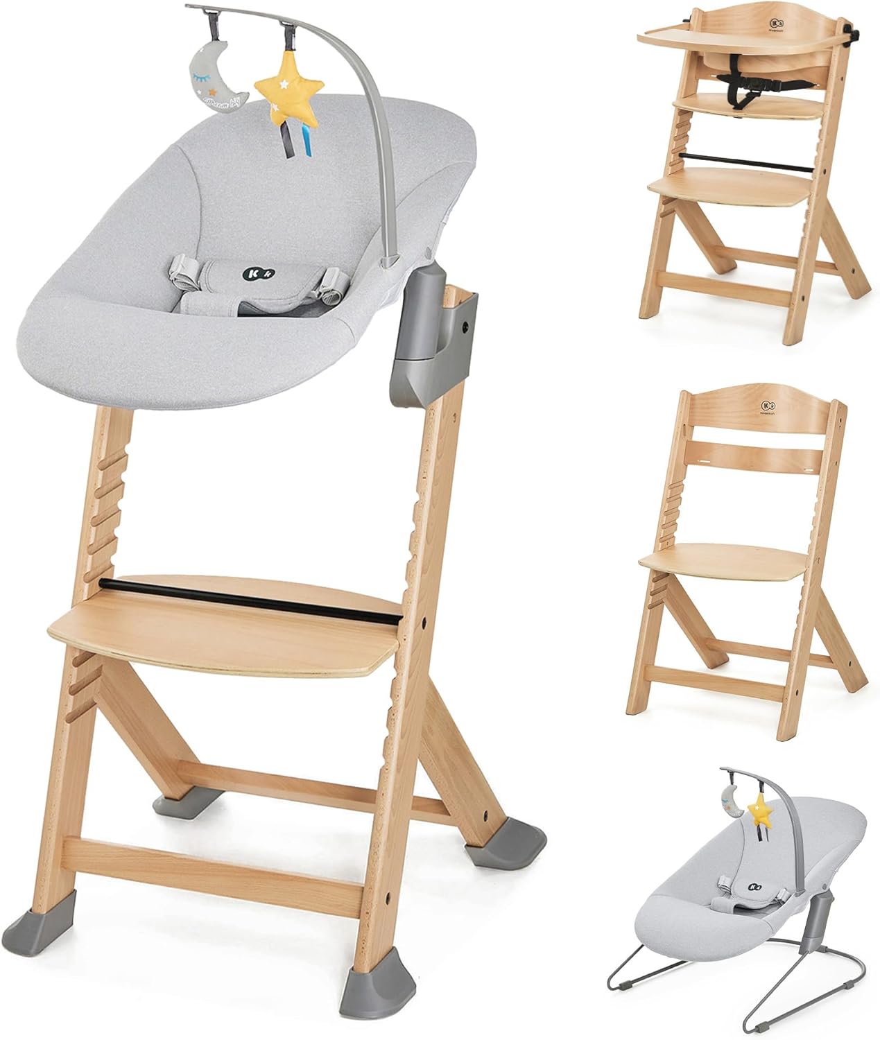 Kinderkraft ENOCK Baby High Chair + Quiet Bouncer Natural Wood Feeding Chair, Scalable, Adjustable, Very Solid, Universal Design