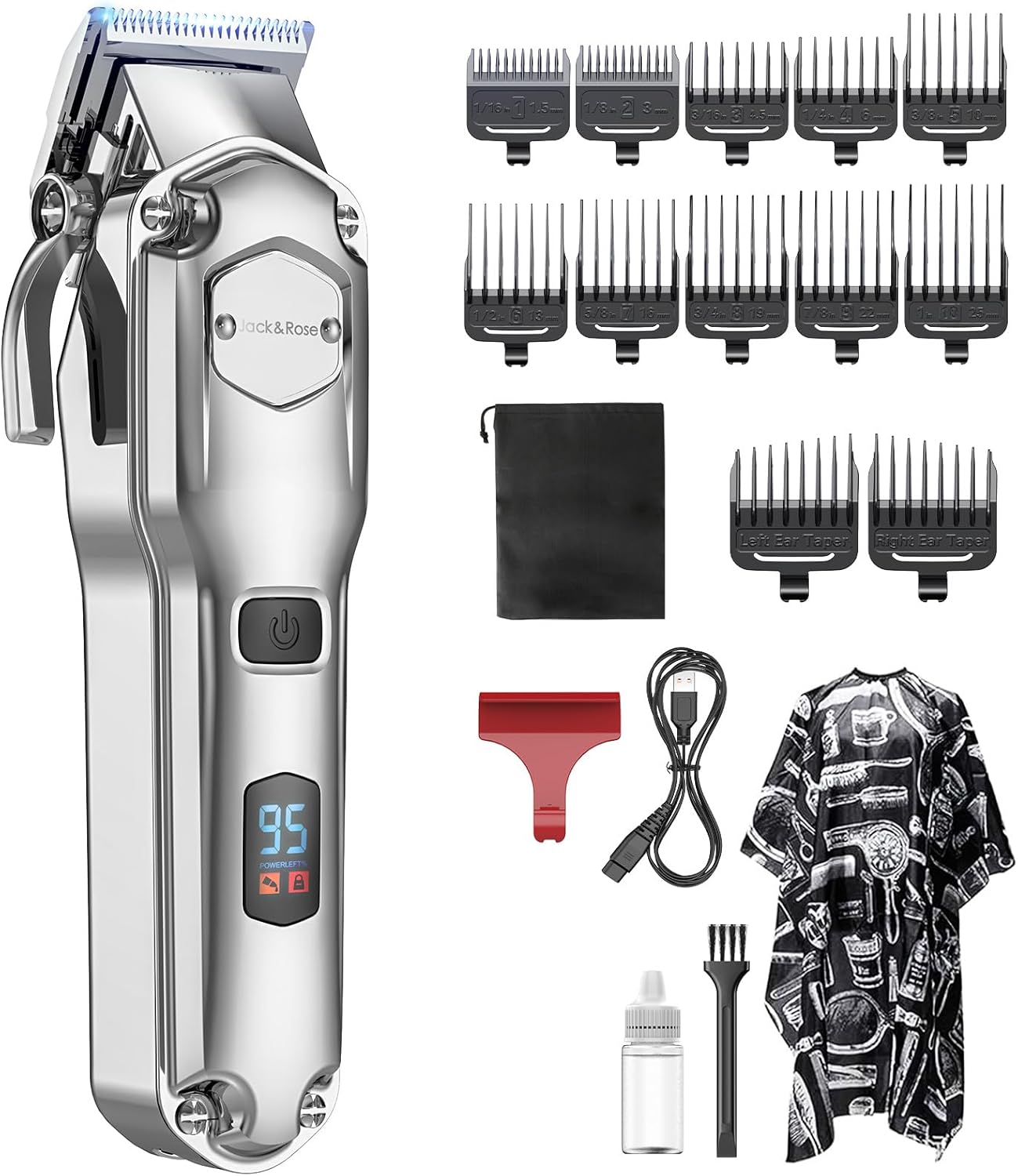 Jack & Rose Men's Hair Clipper Pro Cordless Hair Clipper IPX7 Waterproof USB Charging Beard & Hair Cutter Men with LED Indicator