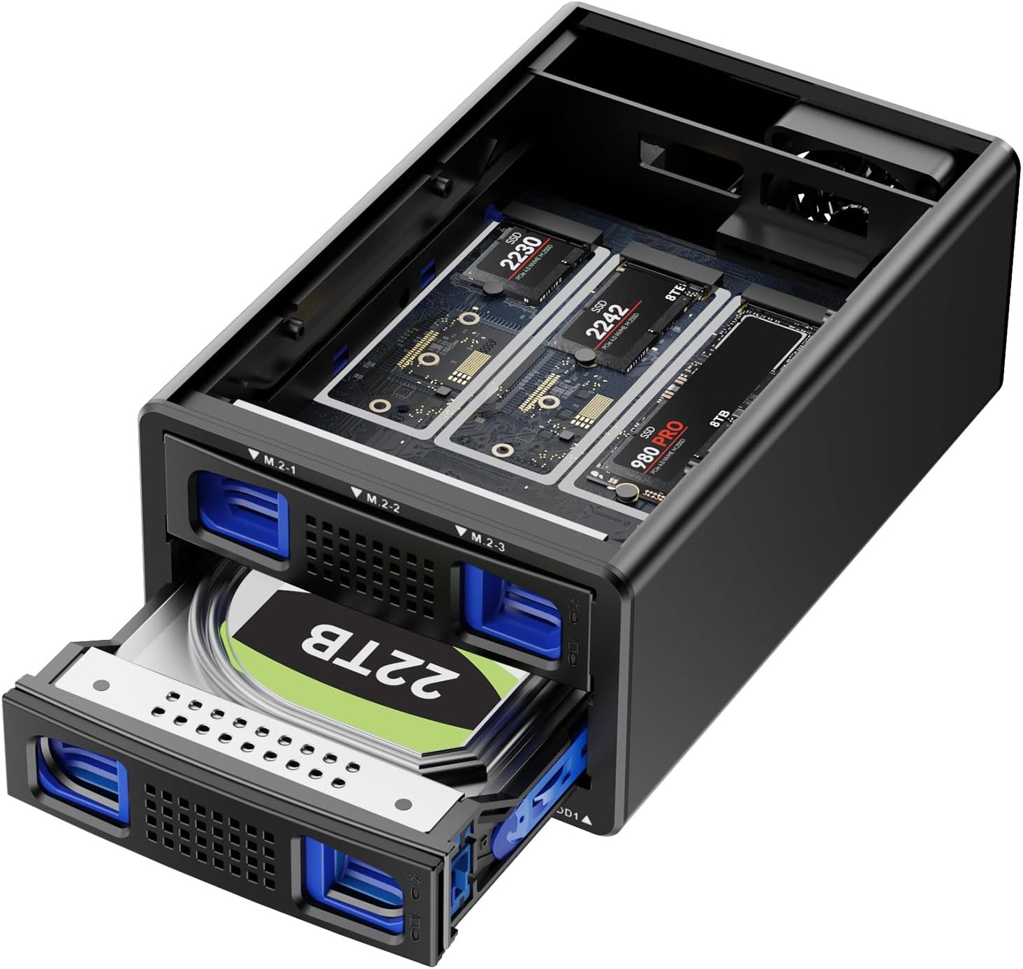 NVMe Hybrid 3.5 HDD+3*M.2 Enclosure with Fan for 2.5/3.5" SATA HDD/SSD, USB3.2 Gen2 10Gbps Hard Drive Enclosure Supporting 2230/42/60/80/110 SSD with 46TB Capacity (22TB HDD+3*8TB M.2)