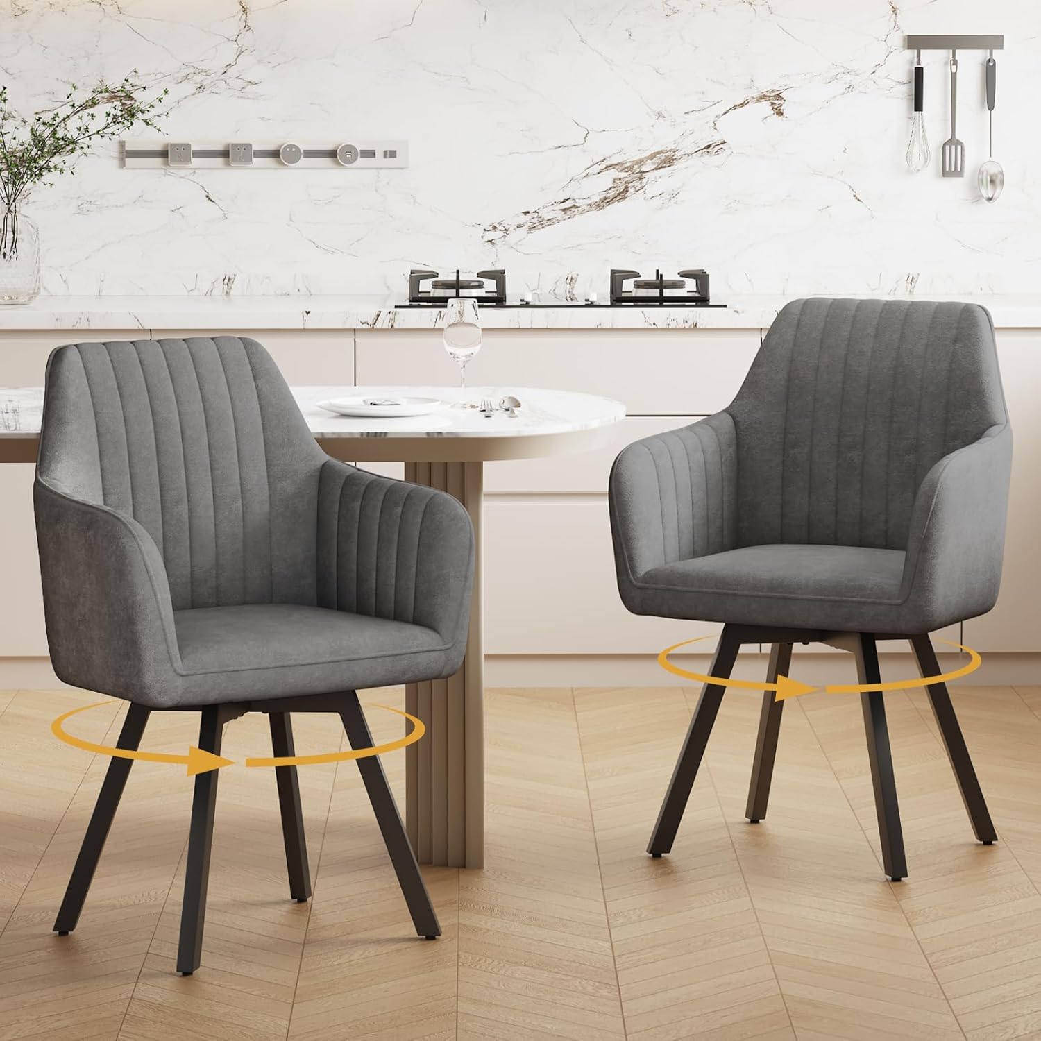 Set of 2 Swivel Dining Chair, 360° Swivel Kitchen Chair with Armrests, Velvet Dining Chairs for Bedroom, Kitchen, Living Room, Dark Grey