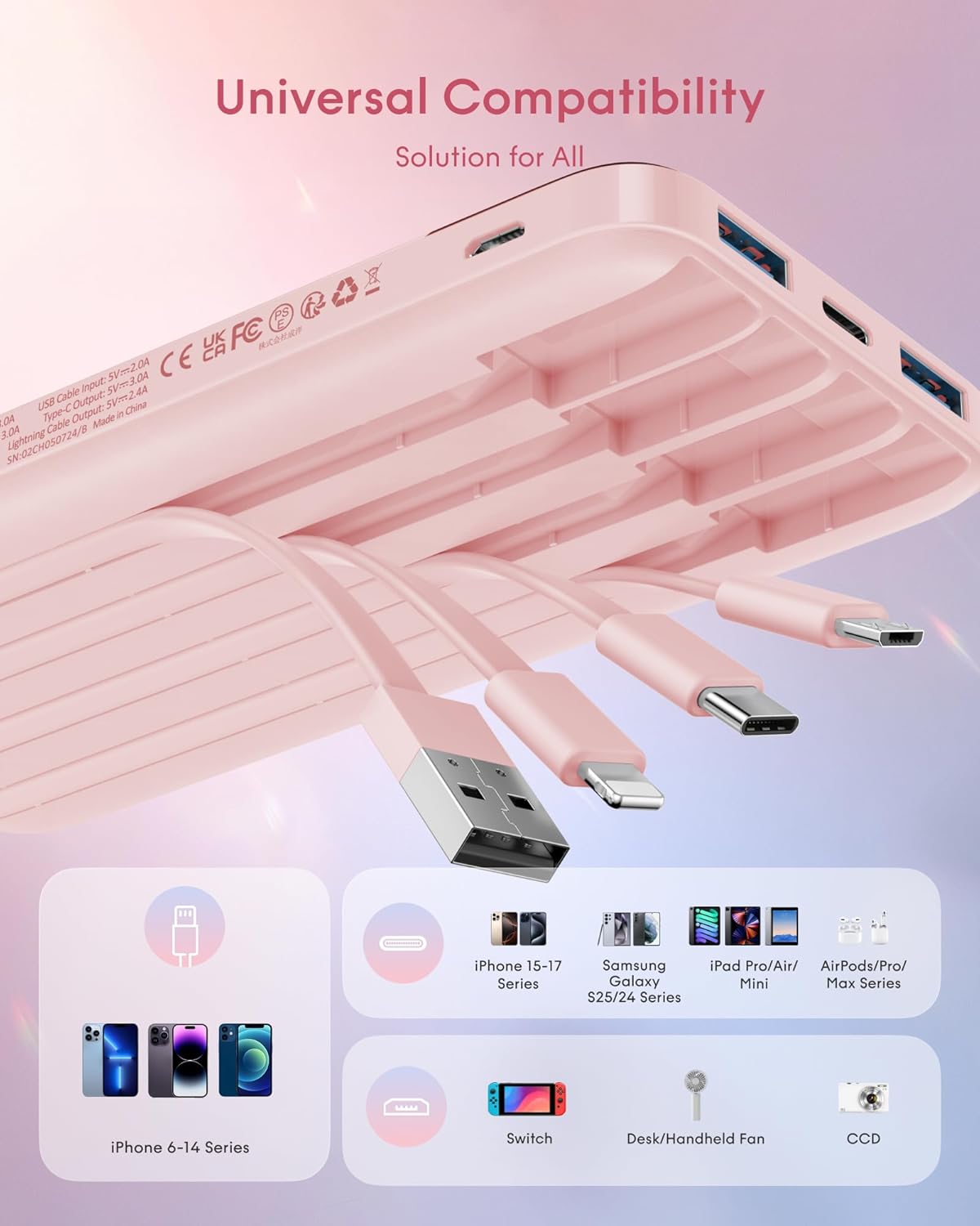 Charmast External Battery 10000 mAh with 4 Integrated Cables Portable Battery USB C Slim Power Bank with 6 Outputs and 3 Inputs for iPhone 12 13 11 Samsung S21 S22 (Pale Pink)