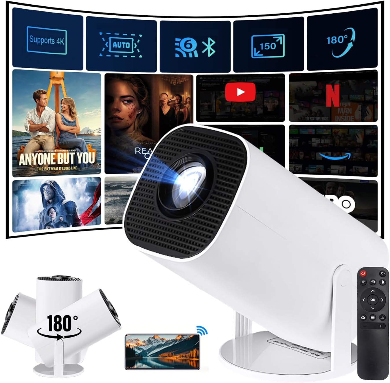 Mini Projector, Video Projector, Supports 4K/1080P Movies, WiFi + BT5, Video Projector, Android11, Automatic Vertical Correction + Speakers, 40~150 Inch, 180° Rotation, Home Theater