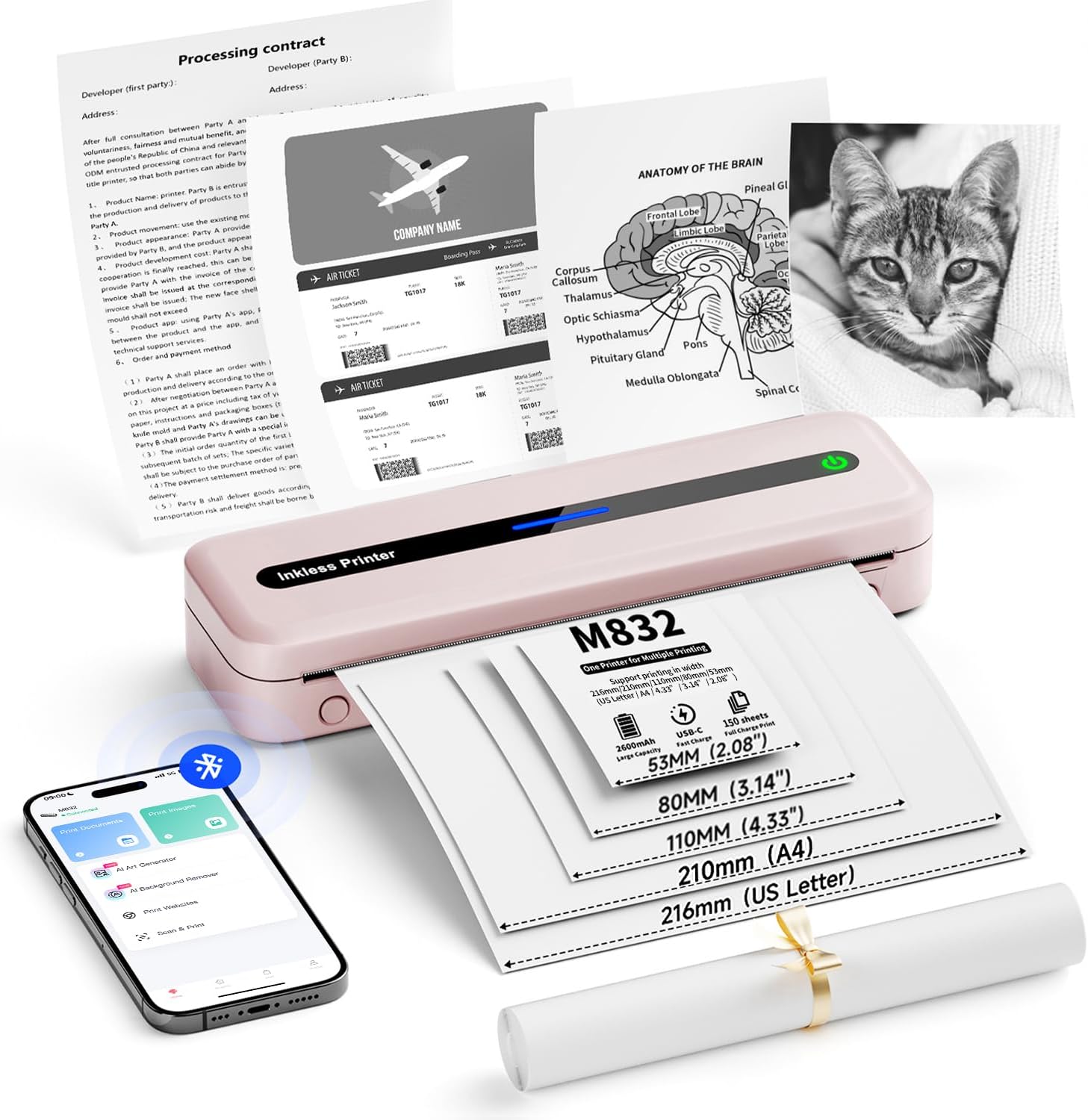 Itari Portable Wireless Printer, 304dpi A4 Thermal Printer for iPhone and Android, Inkless Printer, Supports Multi-Size Printing, Pink