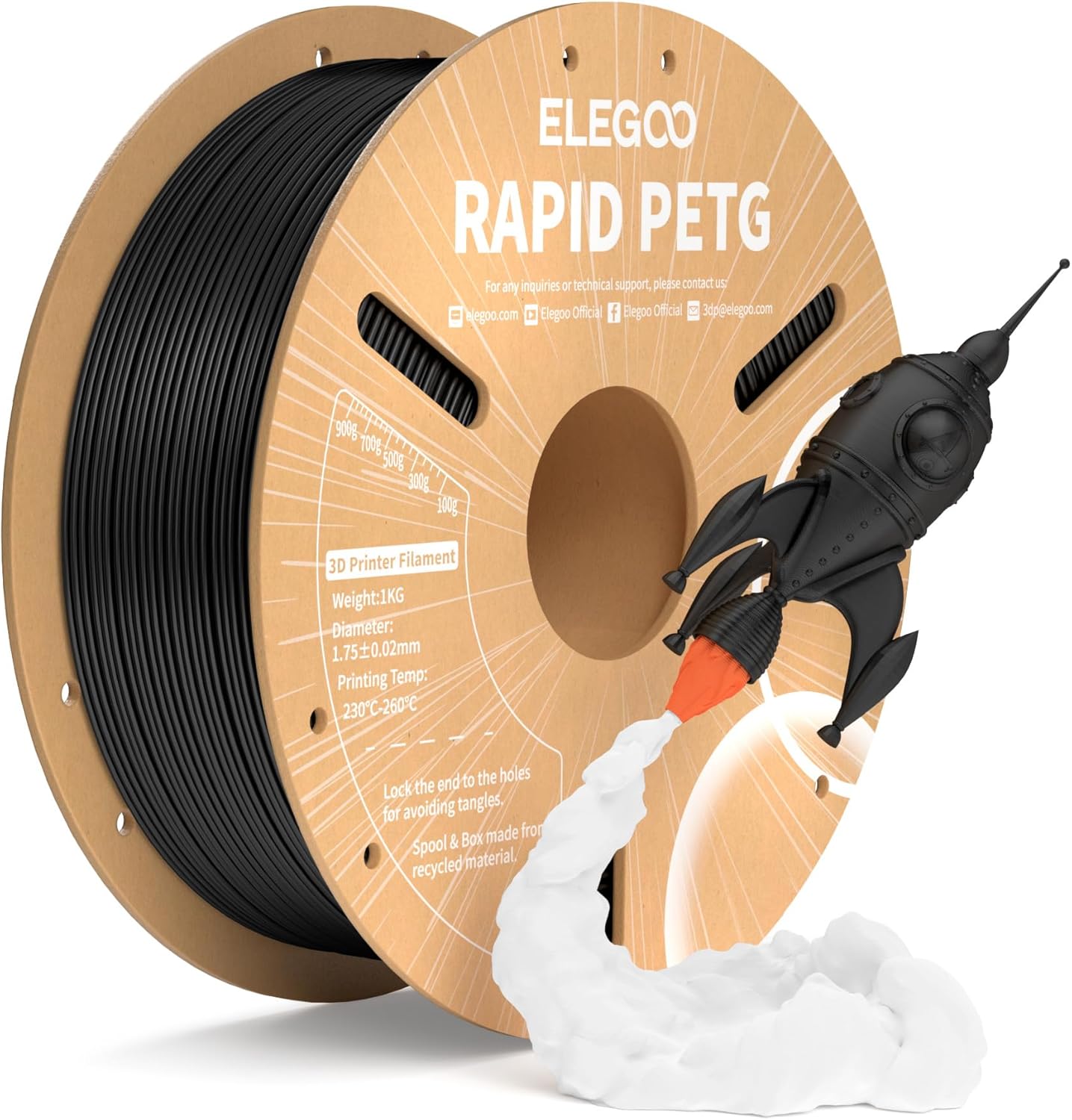 ELEGOO Rapid PETG Filament 1.75mm Black 1kg, High Speed 3D Printer Filament 30-600mm/s, Dimensional Accuracy +/- 0.03mm, 1kg Spool in Cardboard (1kg) for FDM 3D Printers