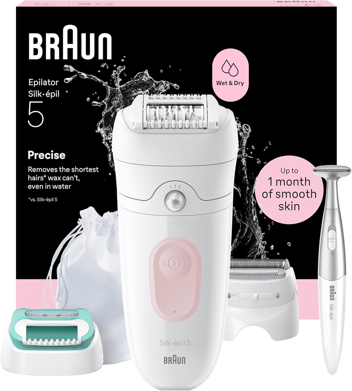 Braun Silk·épil 5 Women's Electric Epilator, Waterproof, Massage Roller for Comfortable Hair Removal, Intimate Female Trimmer and Shaving Head, Nozzle for Beginning, 5-251