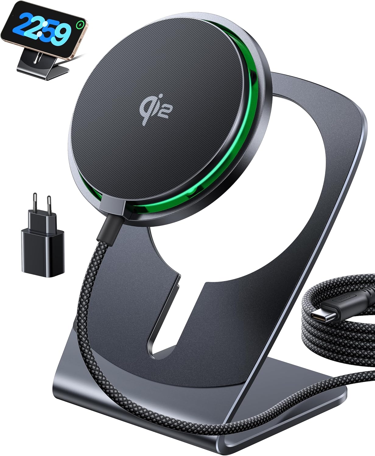 INIU iPhone Induction Charger, 15W Qi2 Certified Magnetic Wireless Charger, Mag-Safe Fast Charging Station for iPhone 17 16 15 14 13 12 Pro Max Mini AirPods 4 3 2 (with 20W USB C Adapter)