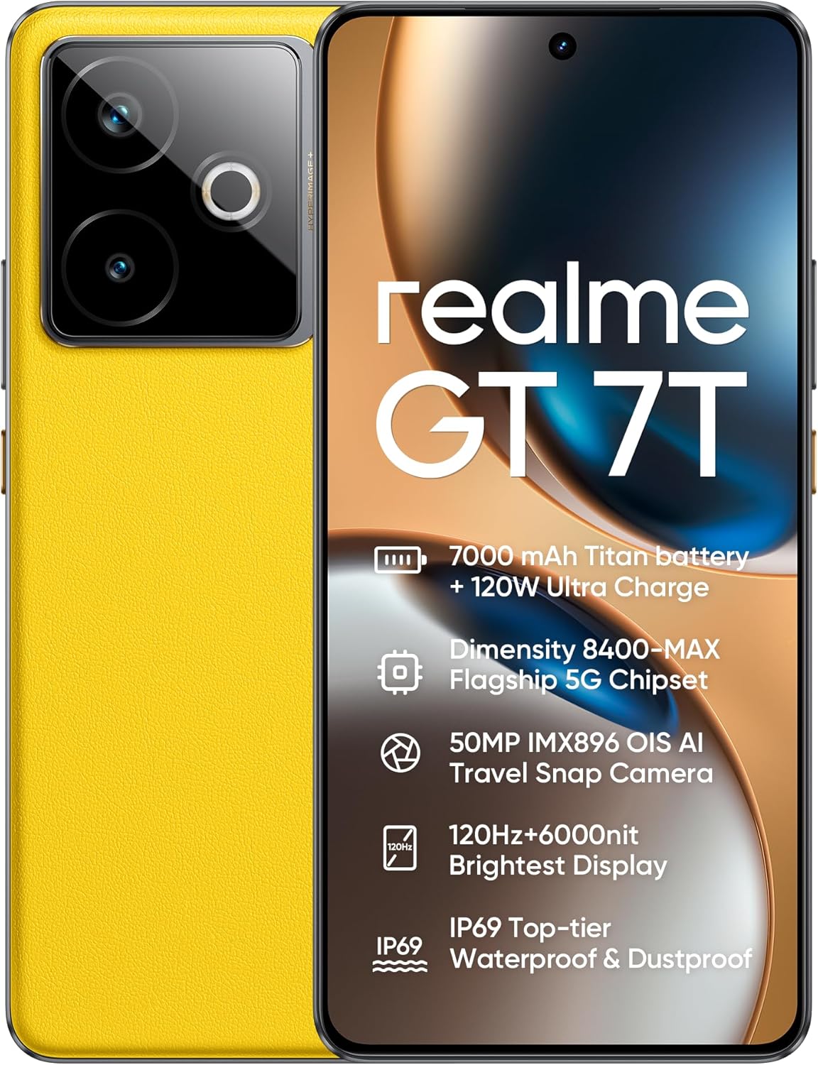 realme GT 7T 5G Smartphone 12+512GB,50MP IMX896 OIS Camera,Chip Dimensity 8400-MAX,7000mAh Titanium Battery,6.78 Inch Screen 120Hz 6000nits Pro-Esports,NFC,Yellow