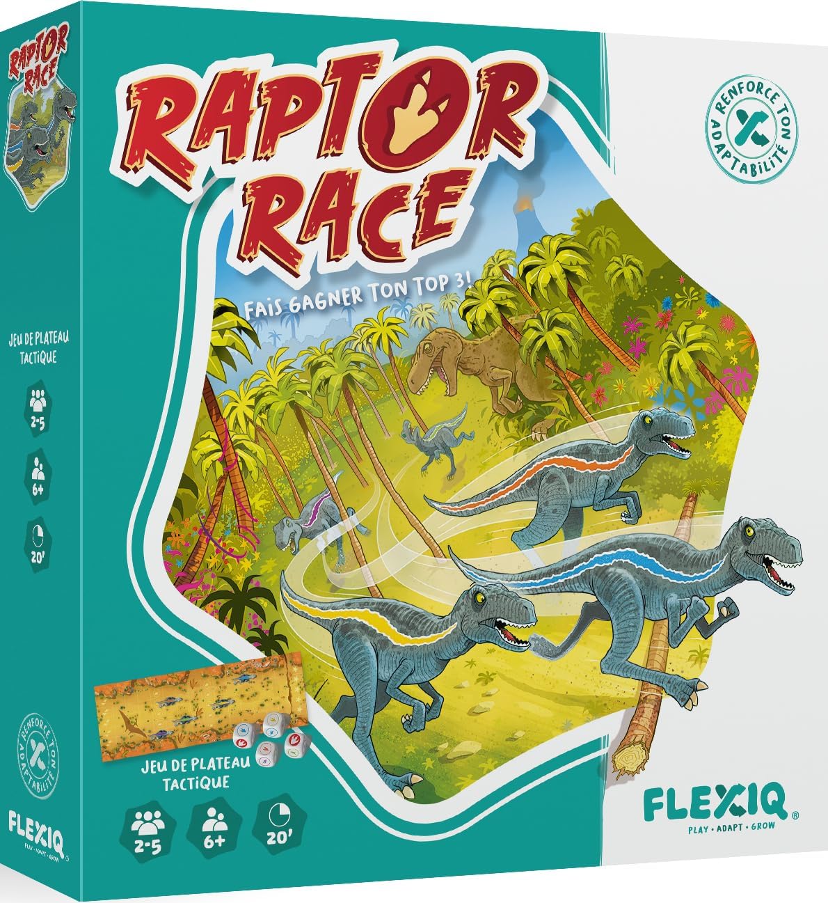 Asmodee - Raptor Race - FlexiQ - Board games - Tactical Racing Game - Game for 6 Years - 2 to 5 Players - 20 Min - Dinosaur Figures - Double-Sided Board - French Version