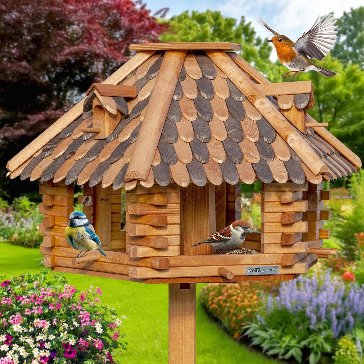 VOSS.garden Large Bird House Autumn Leaves Impregnated Wood Feeding Plate Diameter 50 cm with Perches Bird Feeding Station without Stand