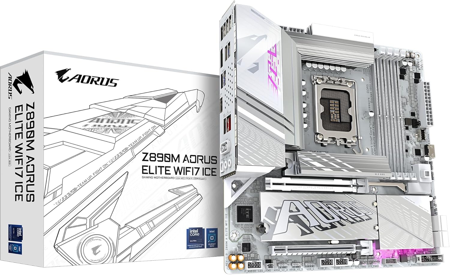 GIGABYTE Z890M AORUS Elite WIFI7 Ice Motherboard - Supports Intel Core Ultra Processors (Series 2), 12+1+2 Phase VRM, up to 8800MHz DDR5 (OC), 1xPCIe 5.0 + 2xPCIe 4.0, Wi-Fi 7