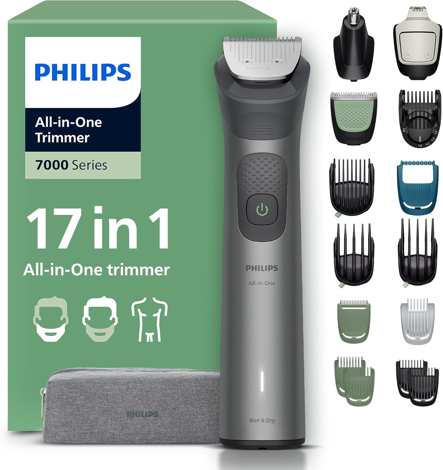 Philips Multigroom 7000 Series All-in-One Trimmer 17 Accessories - Beard Trimmer, Hair & Body Trimmer, Self-Sharpening Metal Blades, 26 Cutting Heights (0.5-20mm), MG7961/15