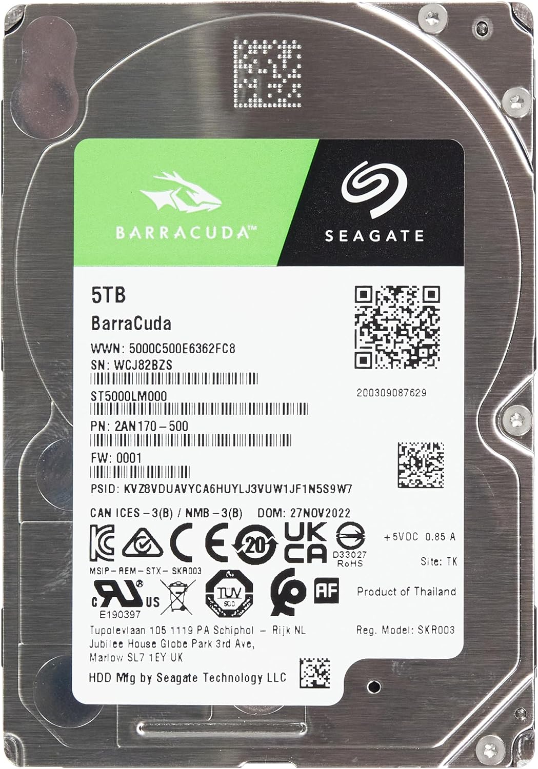 Seagate BarraCuda 5TB HDD Internal Hard Drive - 2.5" SATA 6Gbps 5400RPM 128MB Cache for Laptop (ST5000LM000)