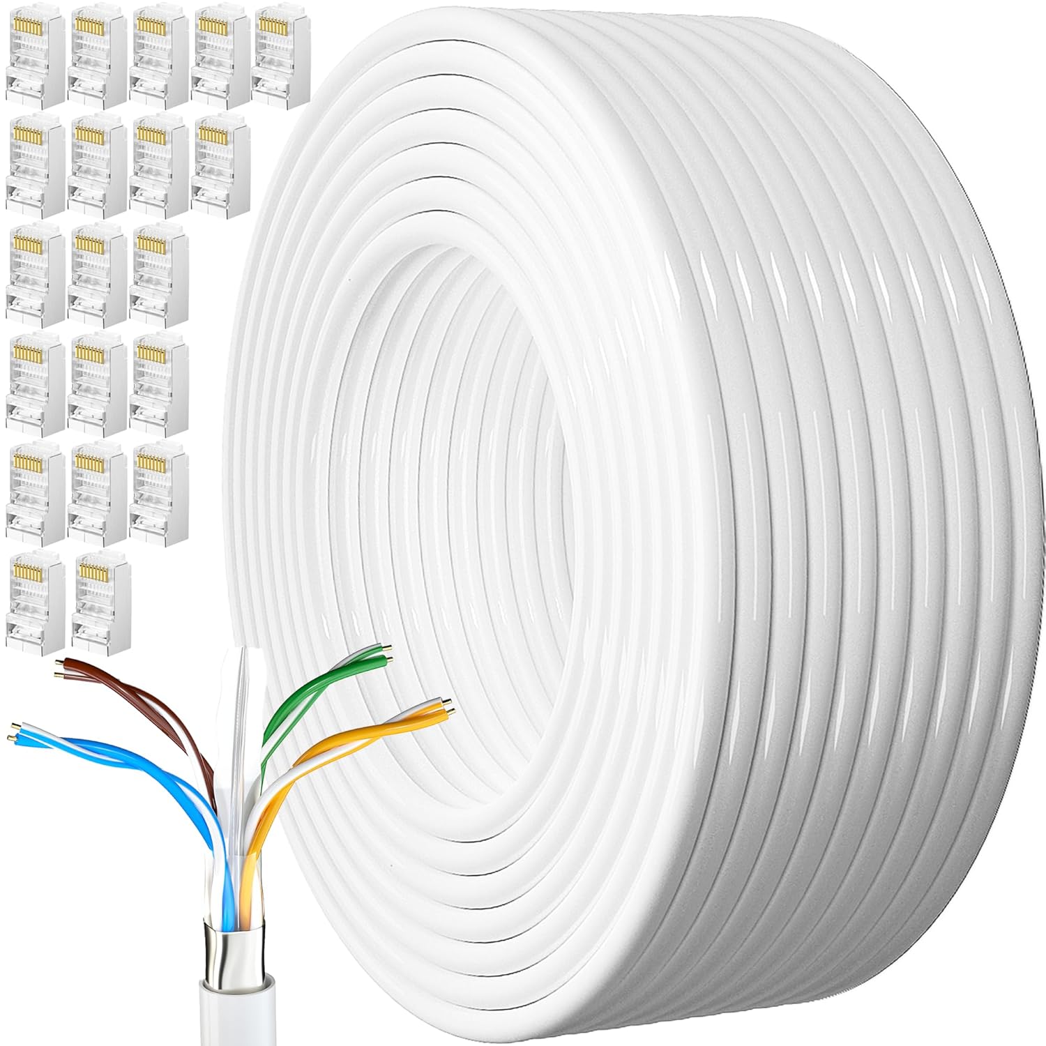 MEIPEK Ethernet Cable 100 m, Cat 6 Rj45 Shielded Gigabit Outdoor Network Cable Anti-jamming Weatherproof Lan Internet White FTP 23AWG 100 Meters for Modem Router