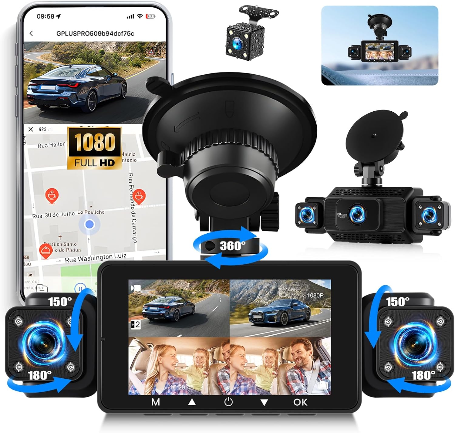 OiLiehu 4 Channel Car Dashcam 1080P, Built-in Dual Camera 480P, 3" Touch Screen with G-Sensor, Night Vision, Loop Recording, WiFi APP, Motion Detection, Backup Camera