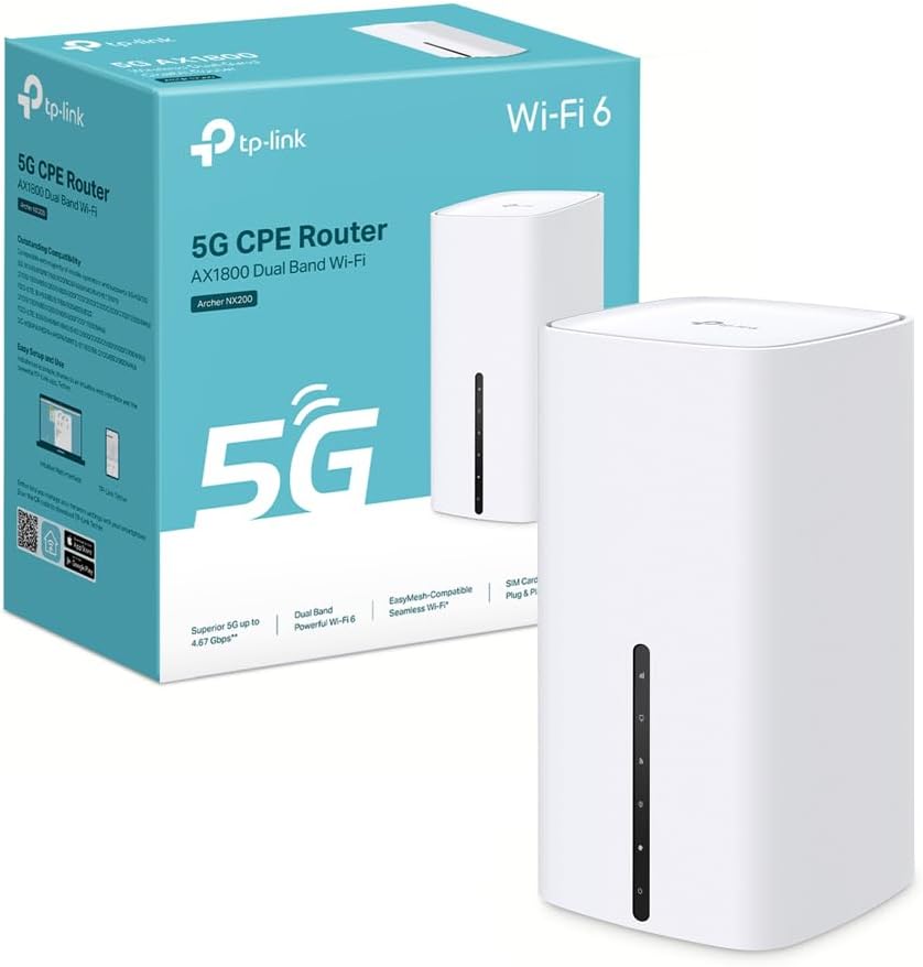 TP-Link 5G Router, AX1800Mbps WiFi Router, 3 Gigabit Ports, Dual Band MU-Mimo, EasyMesh, Connects up to 64 Devices, Plug-and-Play, Compatible with all carrier SIM Cards, Archer NX200