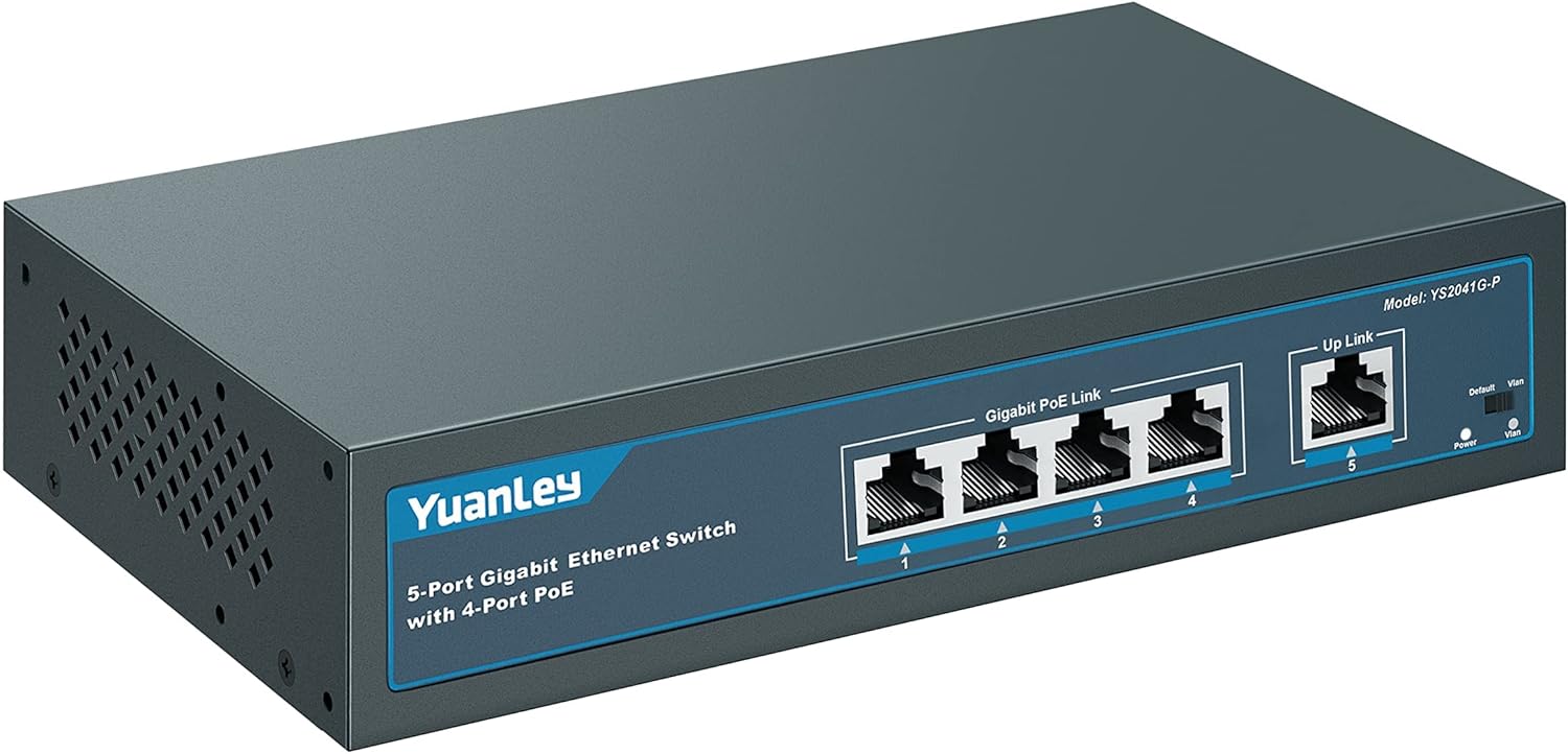 YuanLey 5 Port Gigabit PoE Switch with 4 Port PoE+, 802.3af/at 78W Built-in Power, Extend Function, Metal Fanless Unmanaged
