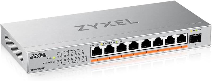 Zyxel 8-Port Multi-Gig 2.5G Switch | Unmanaged | 8X PoE++ | 1x 10G SFP+ | Desk/Wall Mount [XMG-108HP]