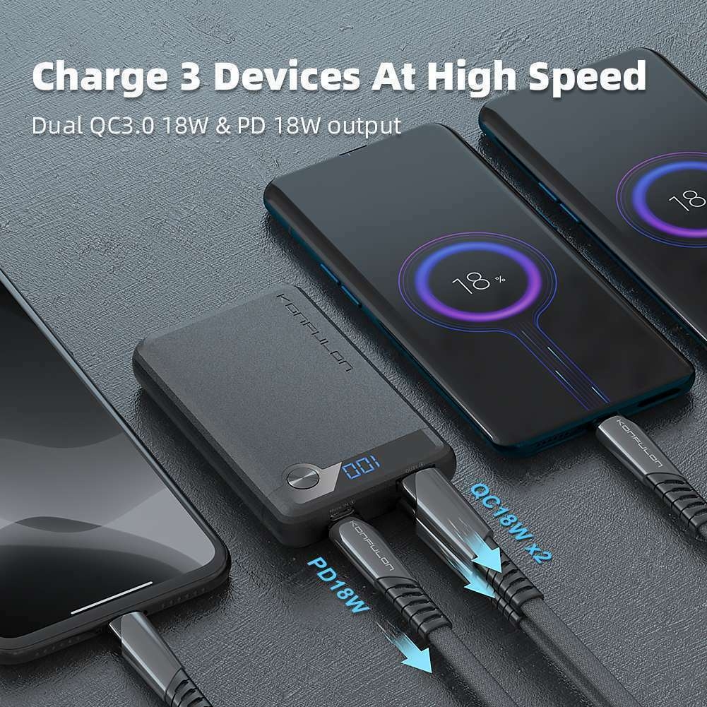 Batterie auxiliaire Konfulon Q11 capacité de Power Bank 10000mAh charge rapide 22.5W avec numéro d'écran et a une petite forme légère facile à portable peut recharger tous les téléphones aussi bien Android que iOS surtout iPhone 8 à 15 Pro Max  1