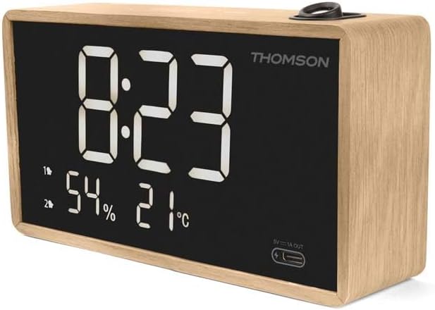 THOMSON CP202T Ceiling Projector Alarm Clock Radio Dual Alarm, Temperature and Humidity Display, FM Radio, Digital Morning Alarm Clock with USB-C Charger Port