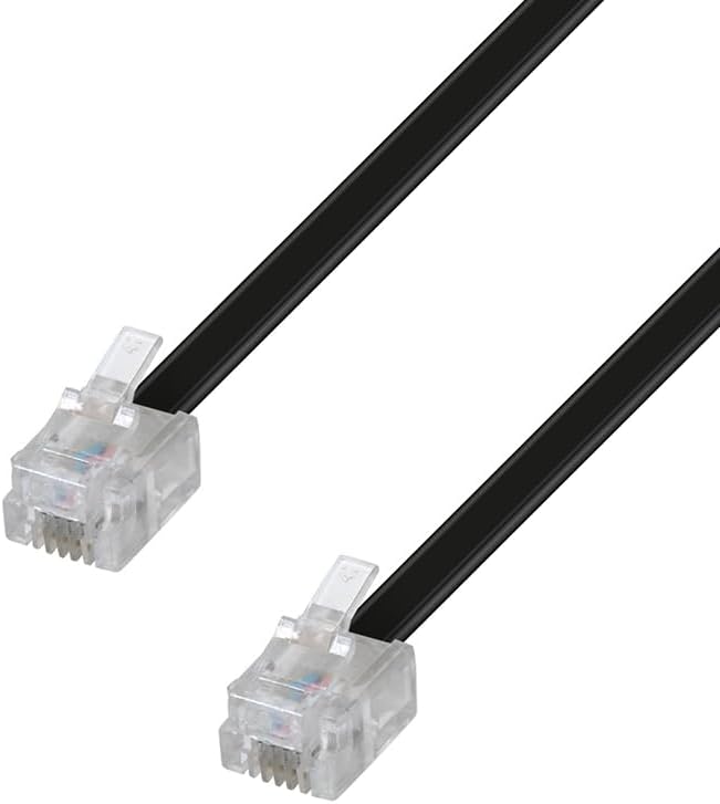 Waytex RJ11 Cable 2 m M/M for ADSL Box or Fixed Telephone, Flat RJ11 Male to Male Cable Length 2 m – Black