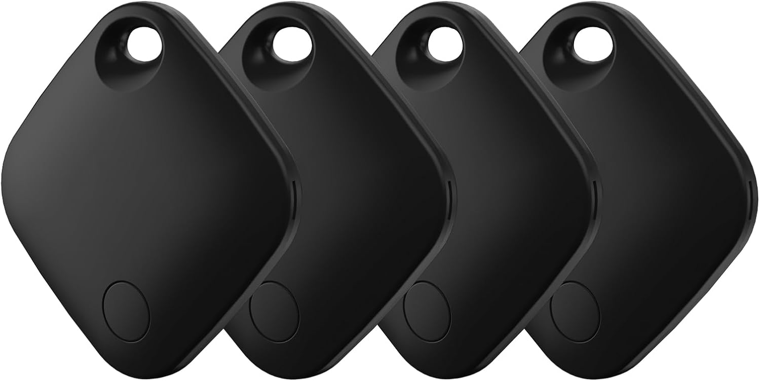 RSH Air Tracker Tag 4 Pack, Works with Apple App (iOS Only), Bluetooth Object Locators for Suitcases/Wallets/Keys/Bags/Luggage, Replaceable Battery, Black