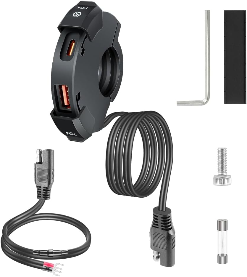 URAQT Motorcycle USB Charger, 30W PD Type-C and USB-A 18W, 12V-24V Motorcycle USB Socket Adapter Waterproof IP65 Anti-Water Dustproof Quick Charger QC for Motorcycles/ATVs/Campers/Caravans/Vessels