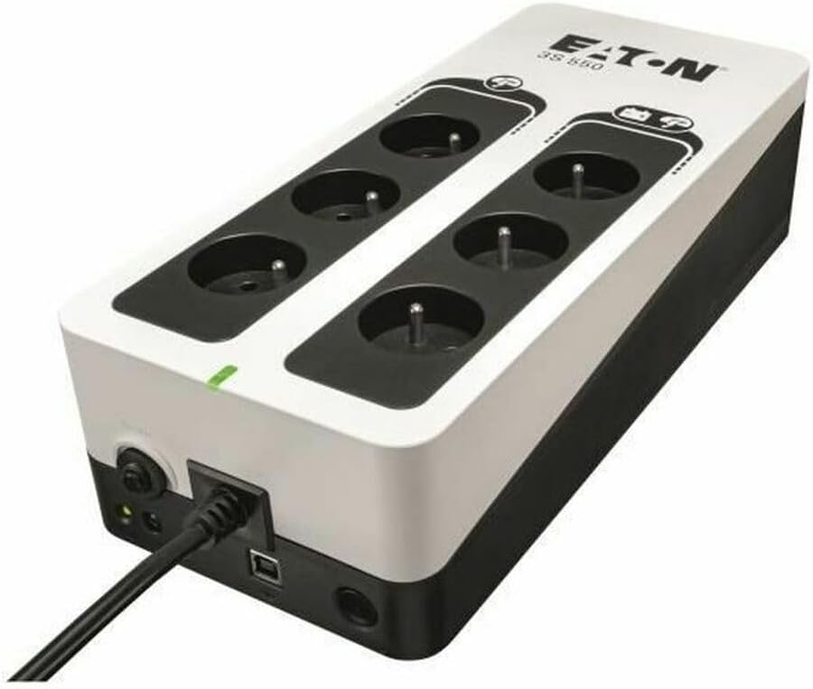 Eaton Eaton 3S 550 FR Inverter - Off-Line UPS - Uninterrupted Power Supply - Power 550VA (6 FR Plugs, Surge Protectors, Quiet) - USB Interface (Cable Included) - Black & White
