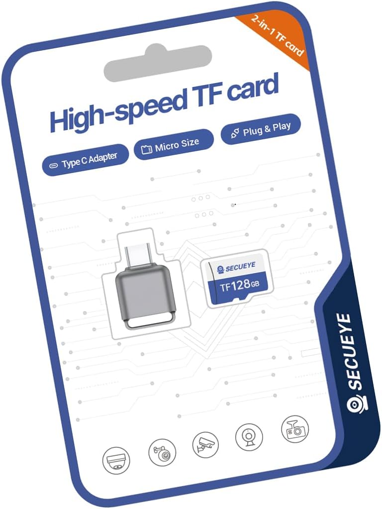 SECUEYE 128GB TF Memory Card with Type-C Adapter Class 10 FAT32 High Speed 24/7 Read/Write for Dash Cam Security Camera and More (128GB+Card Reader)
