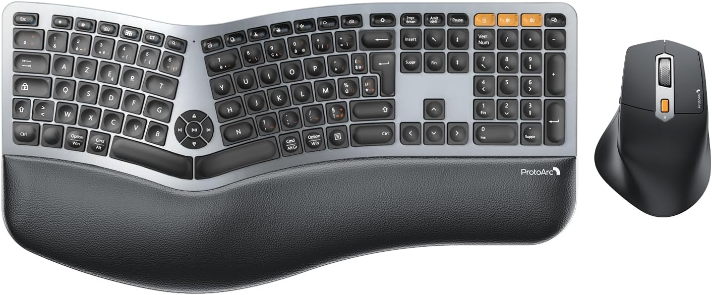 ProtoArc EKM01 Plus Ergonomic Wireless Keyboard and Mouse, Bluetooth Ergo Keyboard and Mouse Sets with Wrist Rest, Split Design, Rechargeable, Quiet, AZERTY for PC and Mac