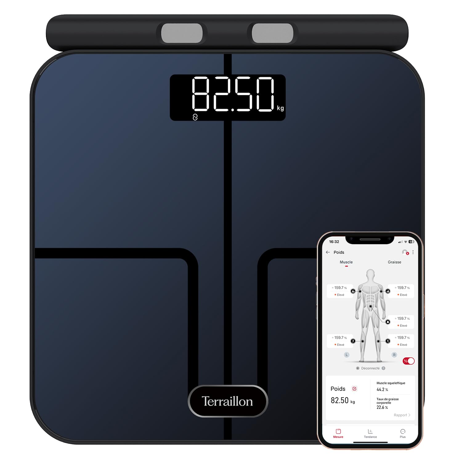 TERRAILLON - MASTER COACH EXPERT- Wi-Fi connected scale, 8 invisible electrodes, analysis of fat, muscle, water, bone and visceral masses, BMI, Capacity 180 kg, Glass tray, Blue