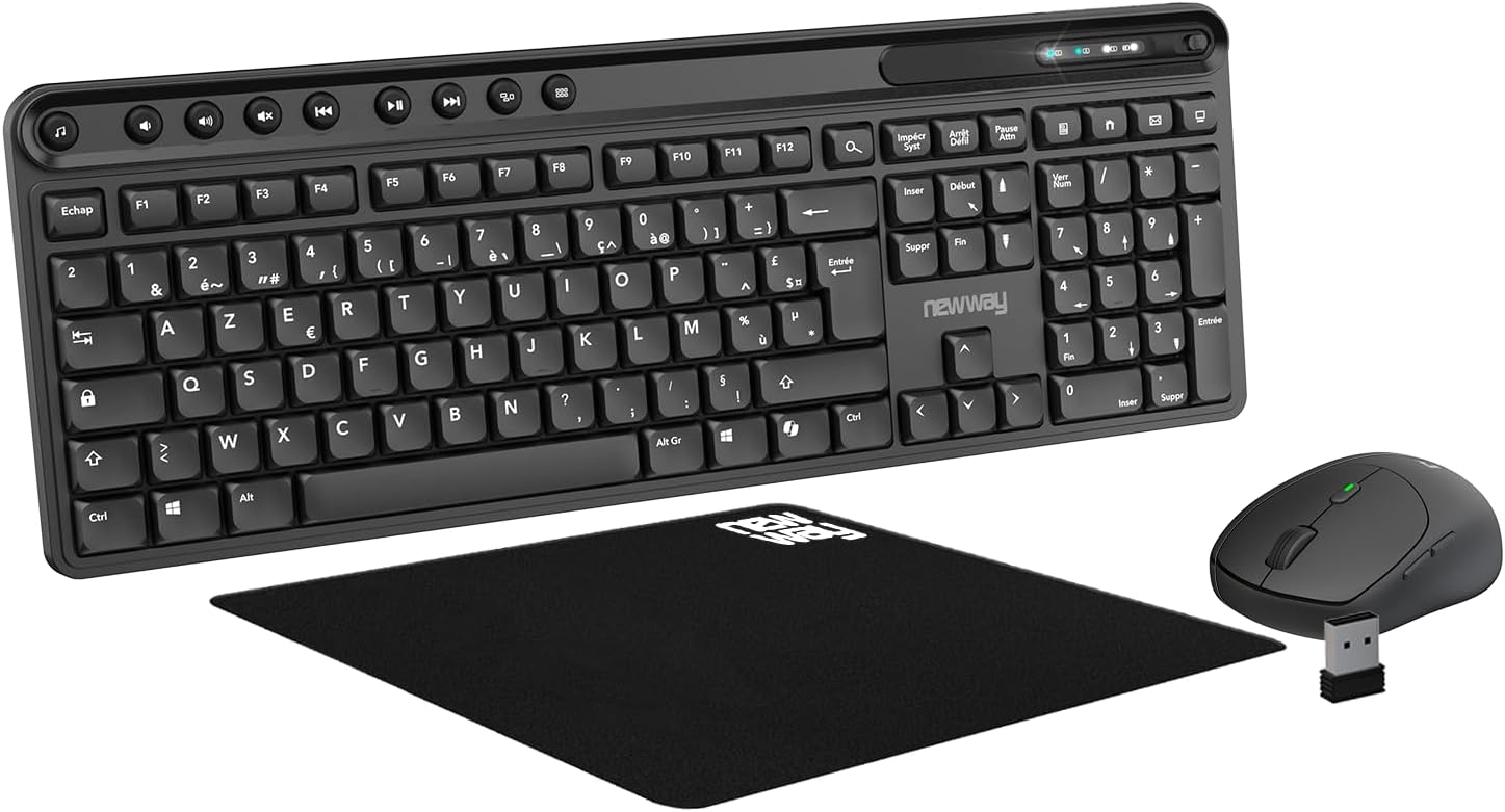 NEWWAY NKMP252 Wireless Keyboard Mouse 2.4 GHz AI Copilot – French AZERTY – Silent Typing, 14 Multimedia Keys, Lightweight 6 Button Mouse, Mouse Pad Included, Long Battery Life (Black)