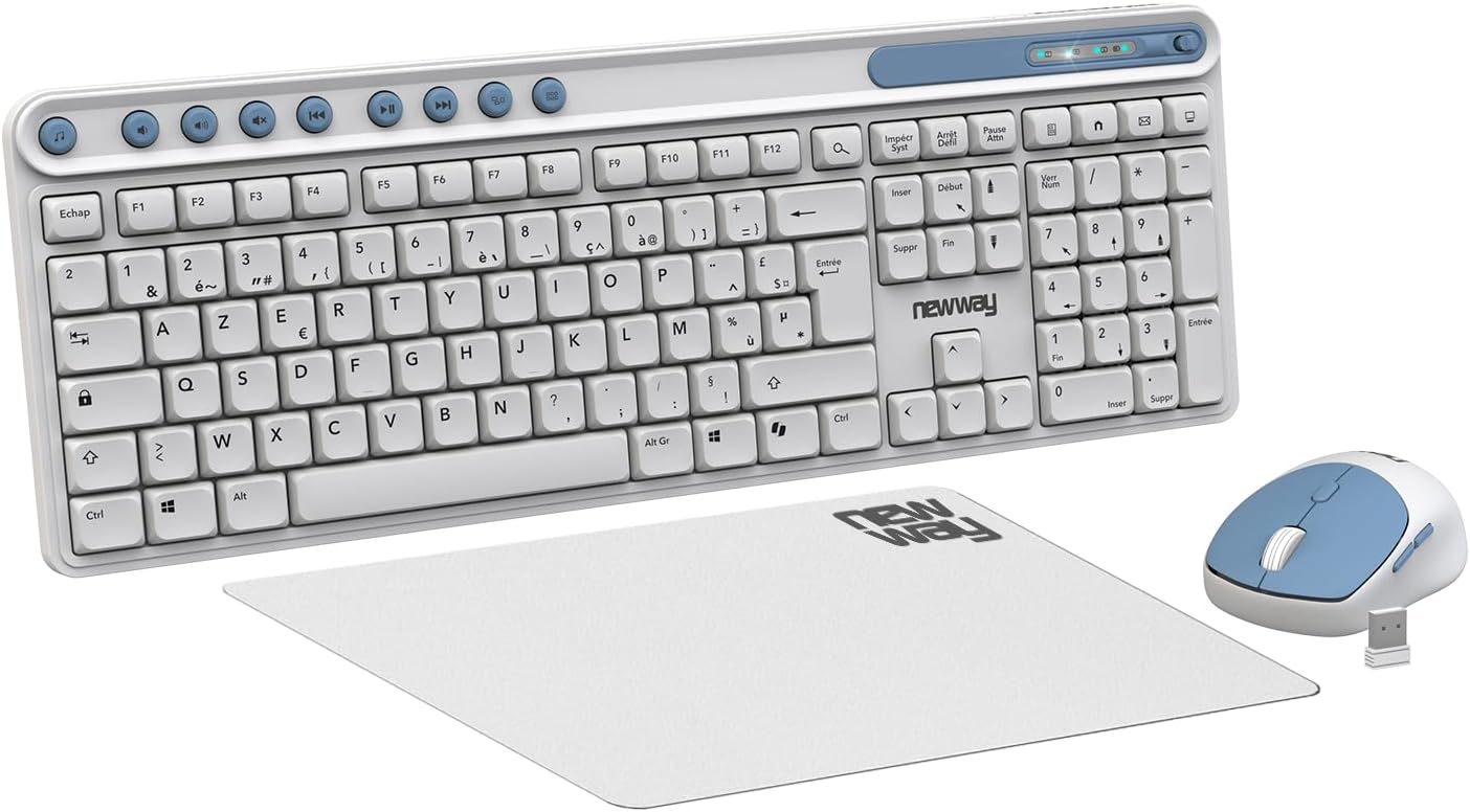 NEWWAY NKMP252 Wireless Keyboard Mouse 2.4 GHz AI Copilot – French AZERTY – Silent Typing, 14 Multimedia Keys, Lightweight 6 Button Mouse, Mouse Pad Included, Long Battery Life (White)
