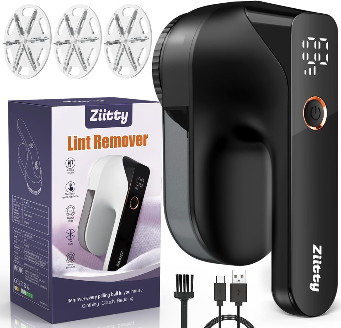 Ziitty Electric Pill Shaver LCD Display, Rechargeable Type-C Cable, 3 Adjustable Power Levels, 6 Blades Head for Lush, Ideal for Clothing, Sofa, Covers, Curtains Black
