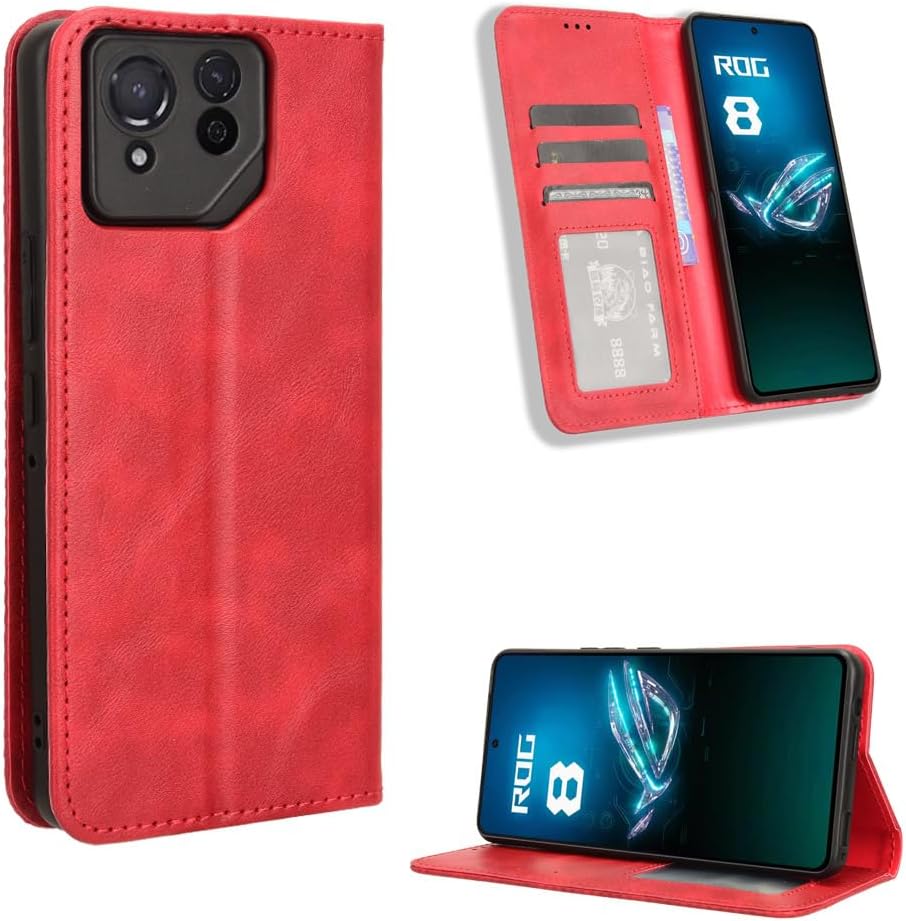 ASUS Rog Phone 8 Pro Case [Wallet Case] [Stand Function] [Card Slots] [Magnetic Flip Cover] Compatible with ASUS Rog Phone 8 Pro Smartphone (Red)
