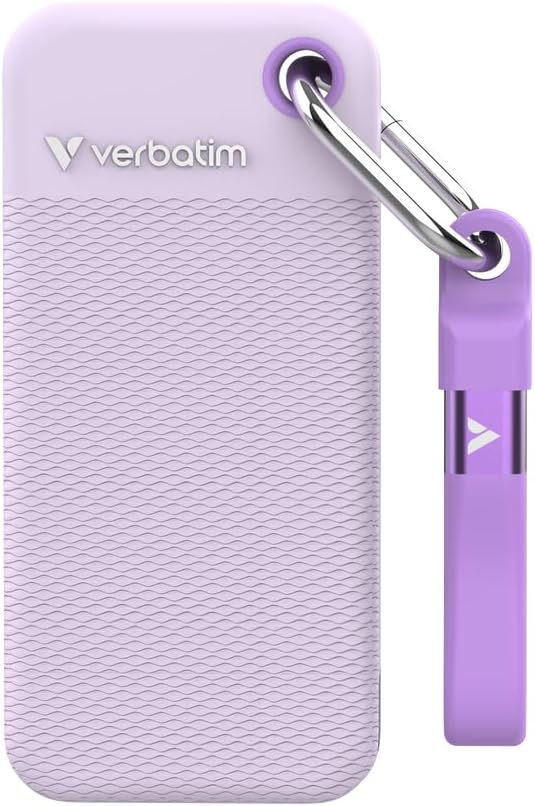 Verbatim Pocket SSD 1TB, USB 3.2 Gen 2 External SSD, Up to 1000MB/s Read and Write External Hard Drive with 2 Rubber Cases (White & Purple) for PC, Mac and Console, Purple