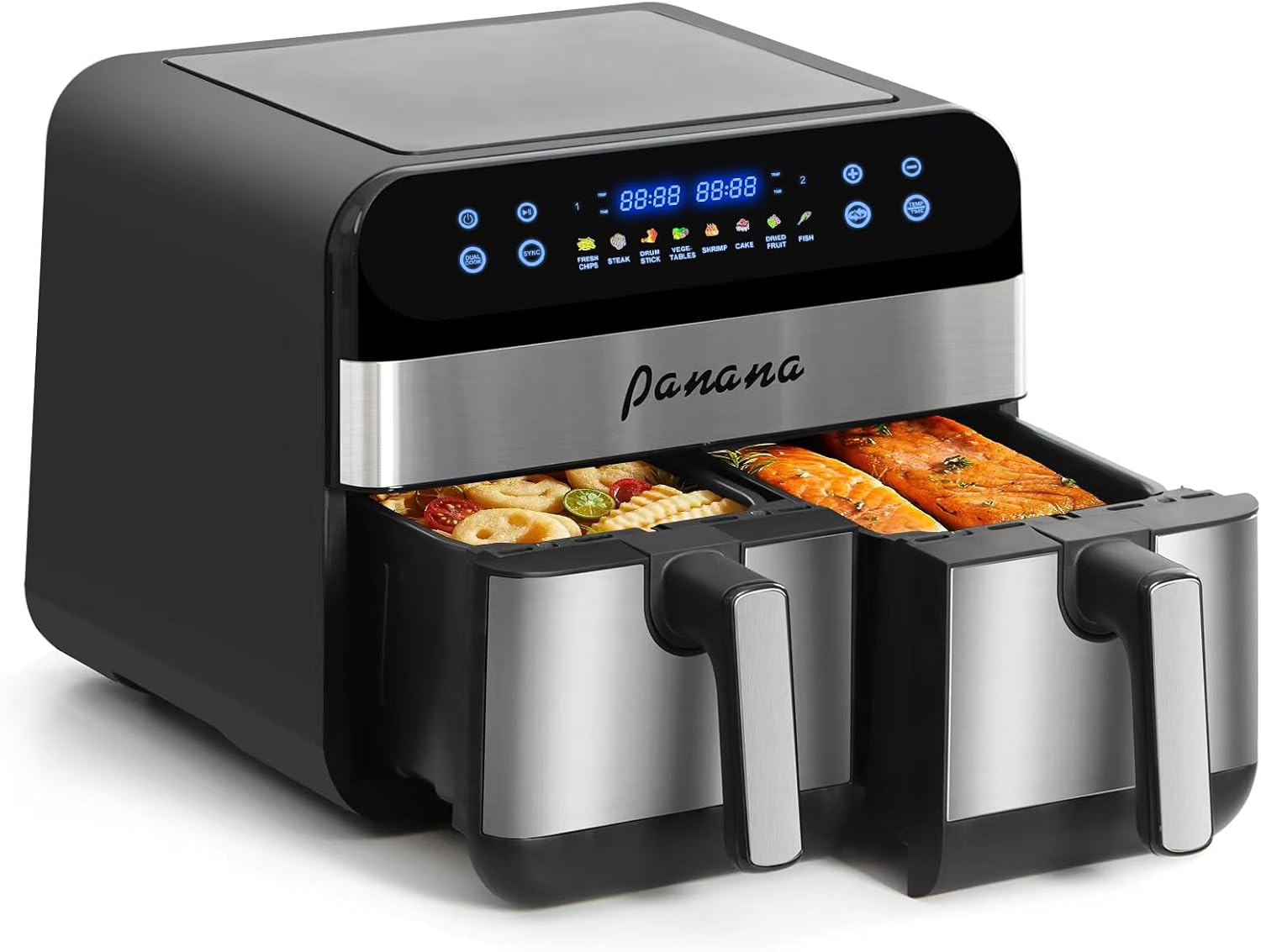 Panana Air Fryer with Double Compartment, Fryer Without 2x4.5L 8 Programs 2400W, Hot Air Fryer, Electric Fryer with Touch Screen LED, Airfryer with 2 Separate Tanks